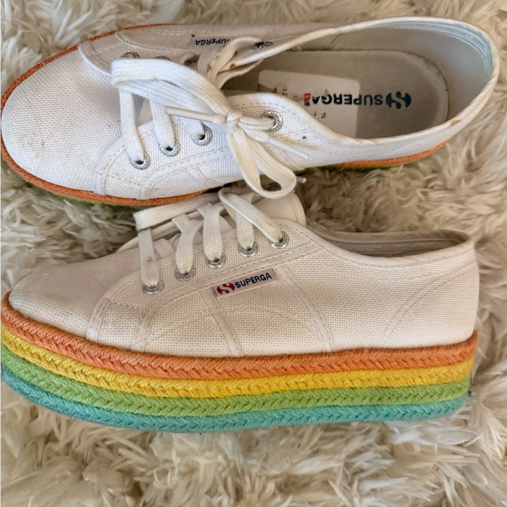 Superga White Platform Sneakers with Rainbow Sole
